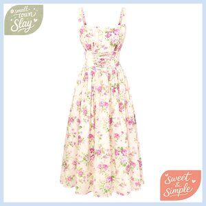 Floral Sweetheart Fit-and-Flare Dress in Cream and Pink
